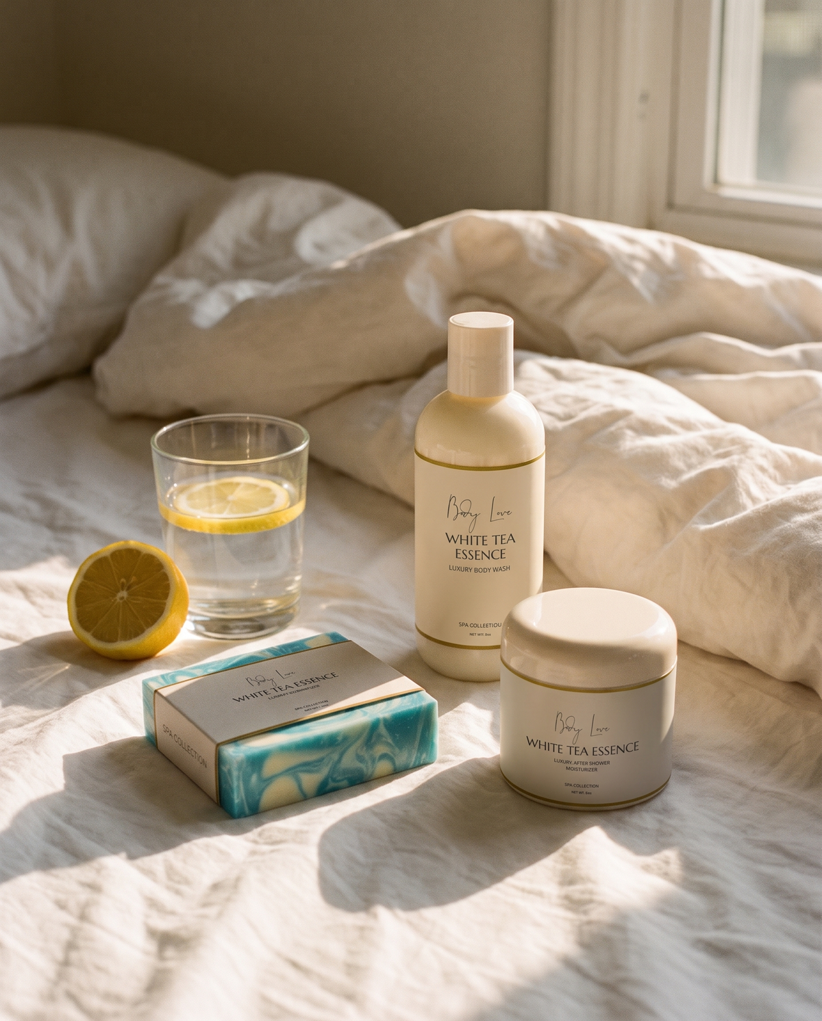 Body Love Soap White Tea body care trio on cream linen